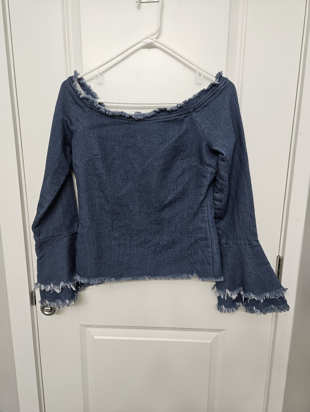 Venus Off-Shoulder Frayed Hem Denim Top - Blue Medium